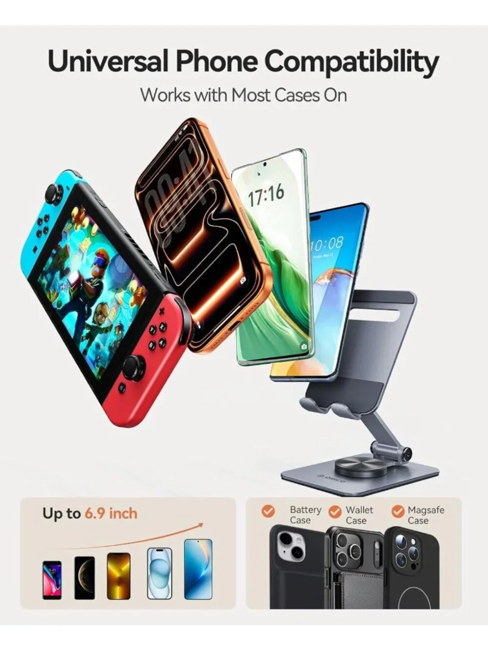 Adjustable Aluminum Phone Stand for Desk, 360° Rotating Metal Holder for